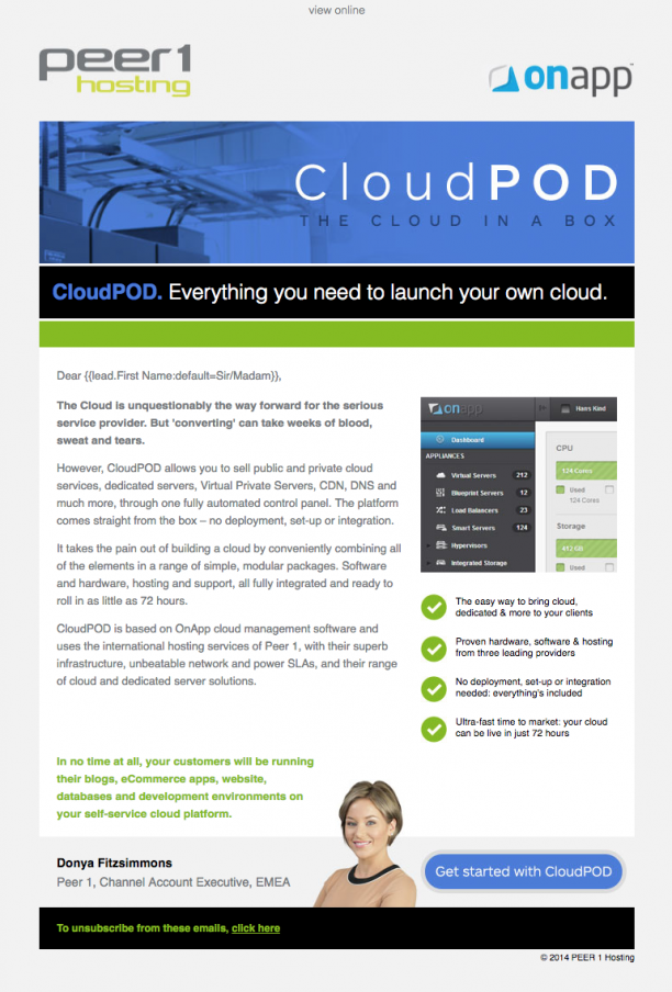 HTML email template developed for PEER 1 Hosting