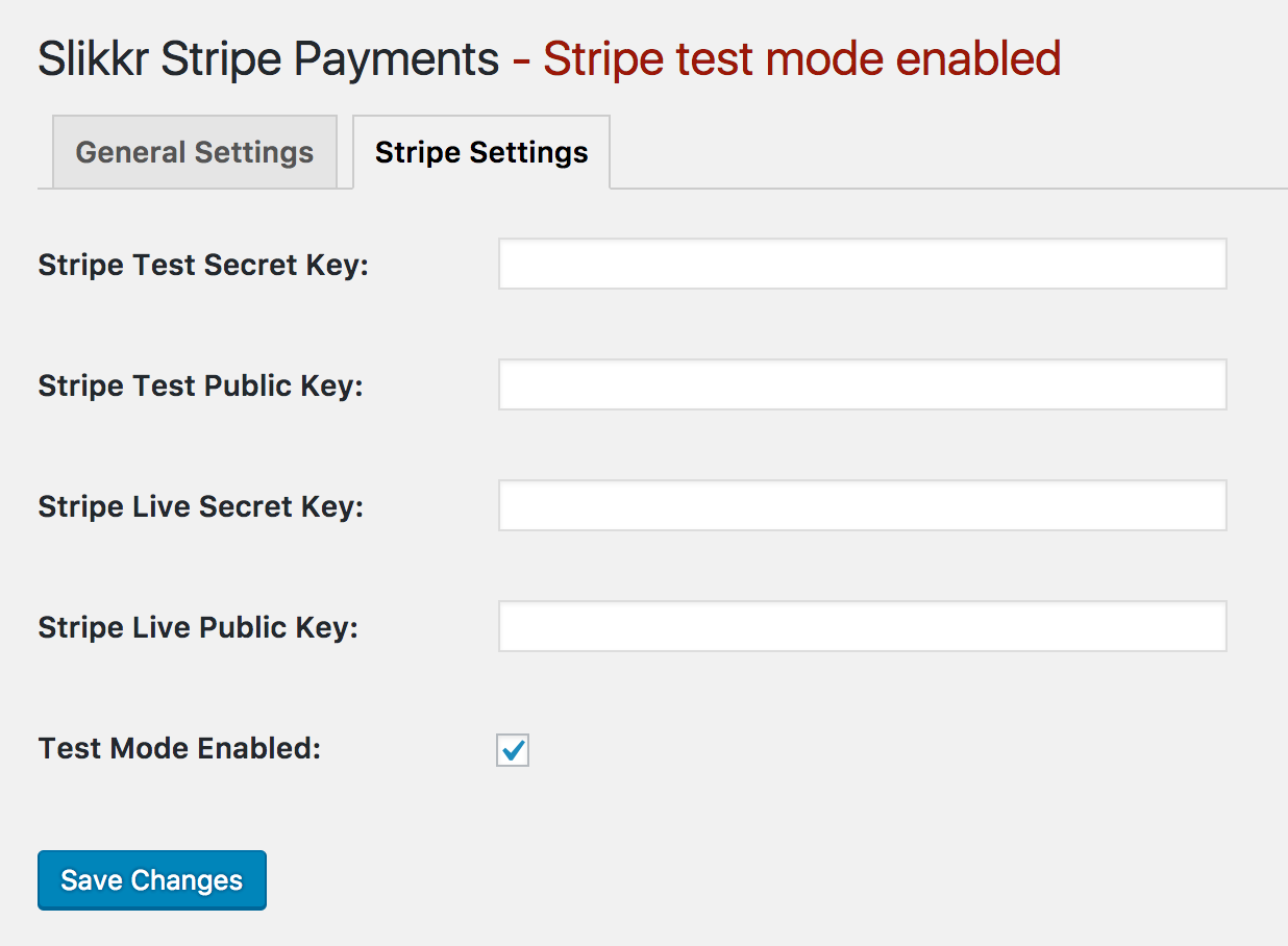 Slikkr Stripe Payments - API keys and test mode switch